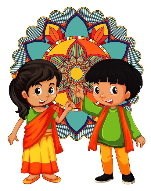 Vetor grátis menino e menina indianos com mandala no fundo