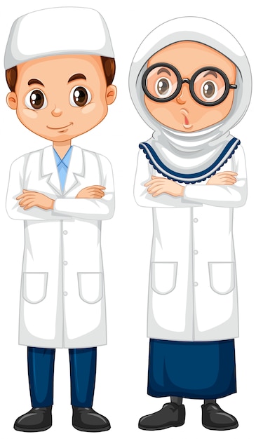 Menino e menina no vestido de ciência em pé no fundo branco