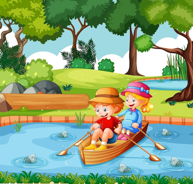 Menino e menina remam o barco no parque