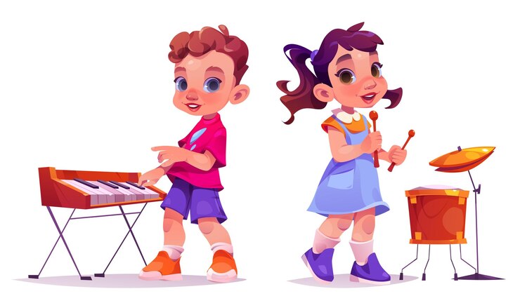 Vetor grátis menino e menina tocando piano e bateria isolados no fundo branco vector a ilustração dos desenhos animados de crianças felizes com instrumentos musicais tocando no ensaio do concerto da escola antes do show de talentos