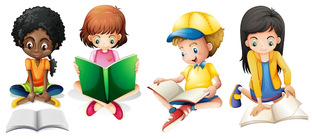 Vetor grátis menino e meninas lendo livro