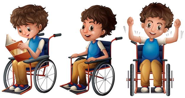 Vetor grátis menino, em, cadeira rodas, fazendo, três coisas