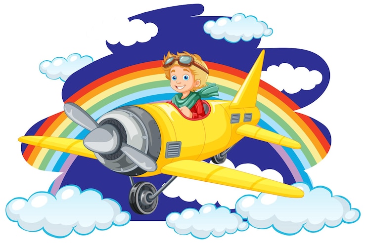 Vetor grátis menino feliz andando de avião com arco-íris no céu