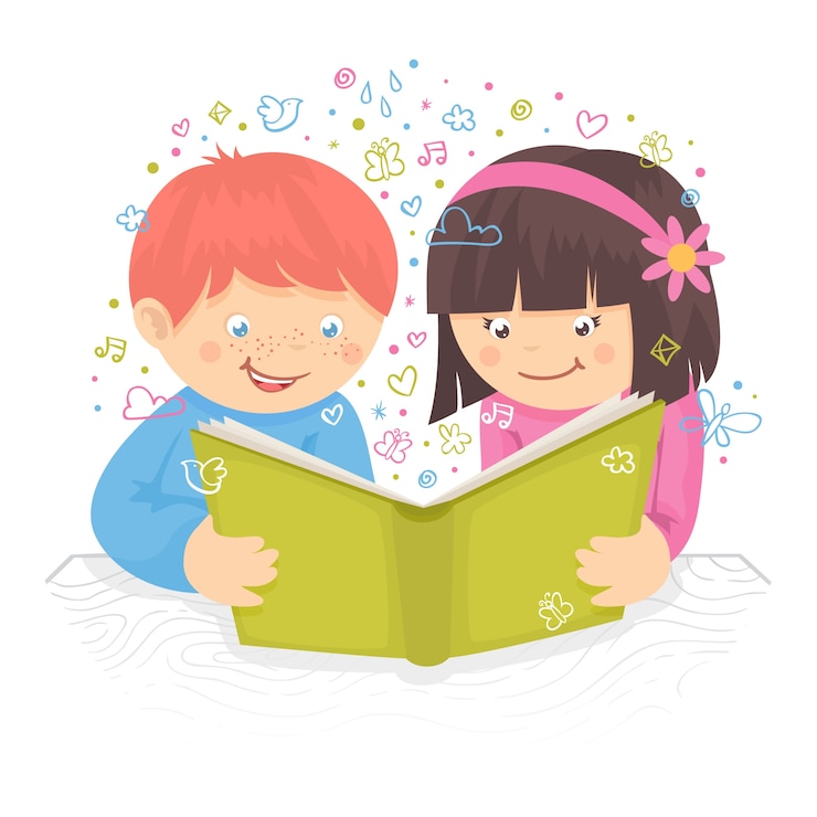 Vetor grátis menino, garoto e menina, lendo, livro, tabela, poster, vetorial, ilustração