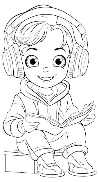 Vetor grátis menino lendo um livro e usando contorno de doodle de fone de ouvido