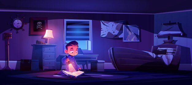 Menino no quarto à noite lendo um livro