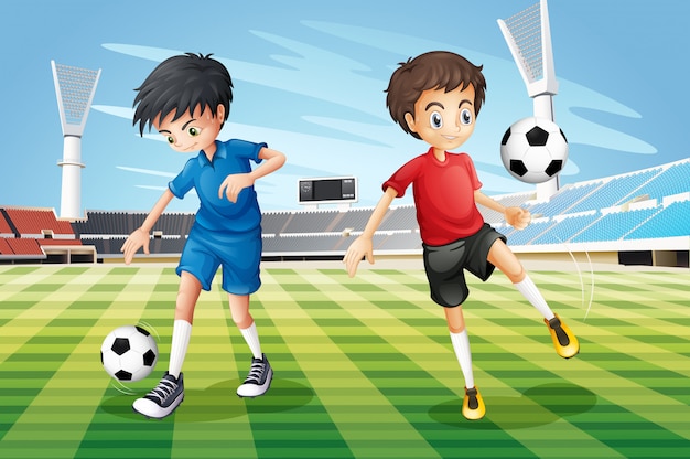 Duas Crianças Jogando Futebol Desenho Animado Personagem Ilustração imagem  vetorial de interactimages© 506514948