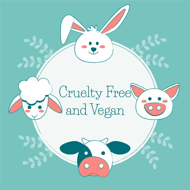 Mensagem livre de crueldade e vegana ao lado de animais desenhados