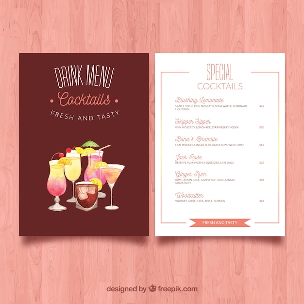 Menu com cocktails diferentes em estilo aquarela