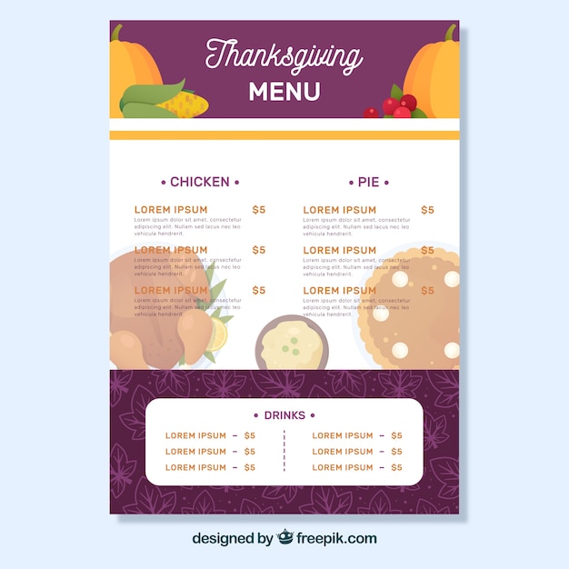 Vetor grátis menu de ação de graças no design plano
