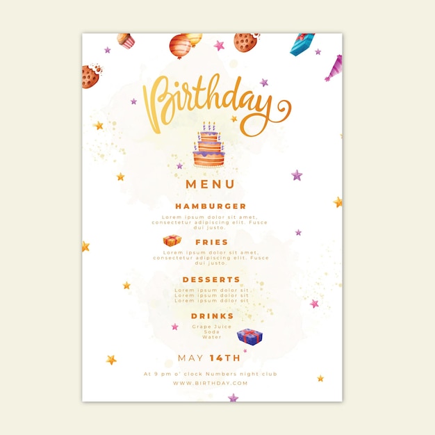 Menu de aniversário com modelo de bolo