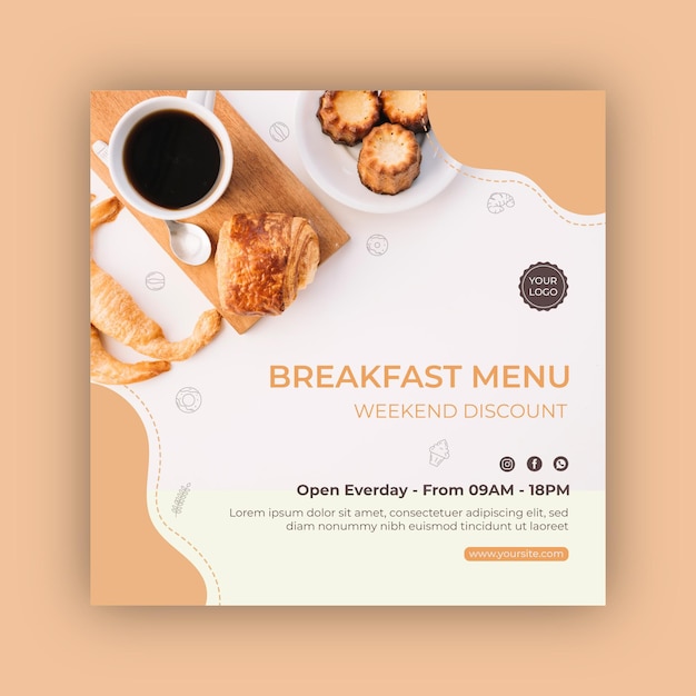 Vetor grátis menu de café da manhã quadrado design de folheto