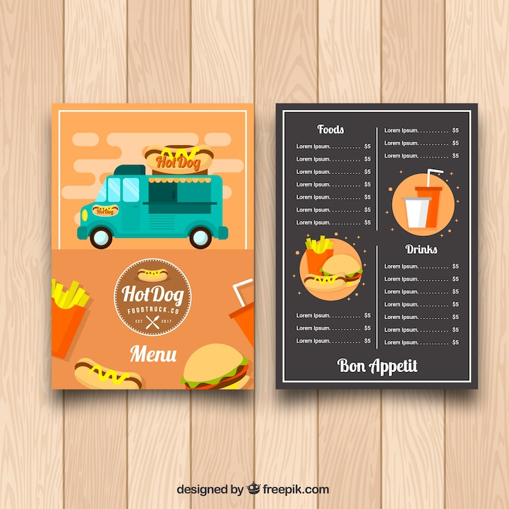 Vetor grátis menu de caminhão com comida divertida com design plano