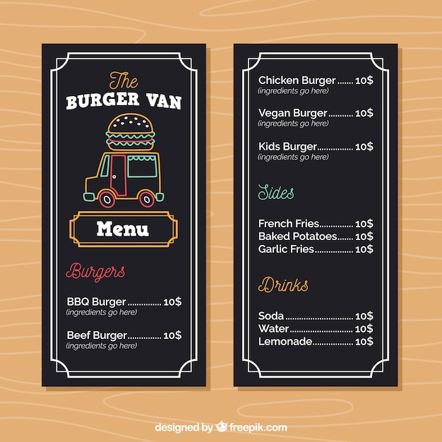 Vetor grátis menu de caminhão de comida com hambúrgueres