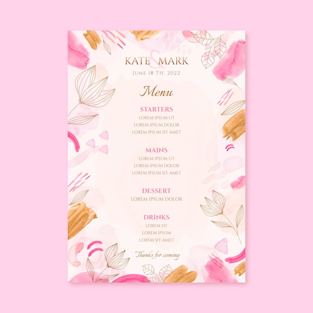 Menu de casamento desenhado à mão em aquarela