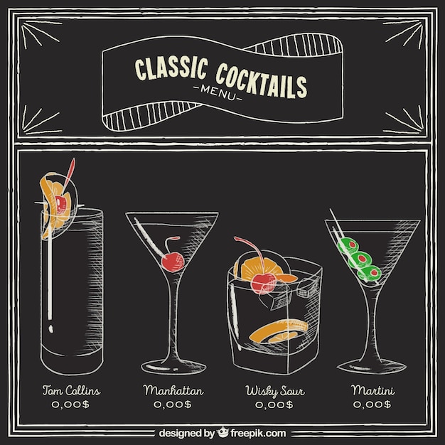 Vetor grátis menu de cocktails no estilo de quadro-negro