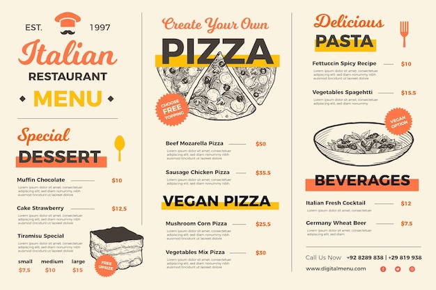 Menu de comida criativa para uso digital ilustrado