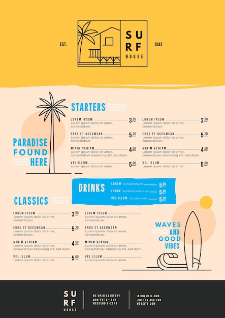 Menu de comida de restaurante para uso digital ilustrado