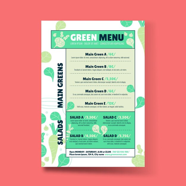 Menu de comida vegetariana de design plano desenhado à mão