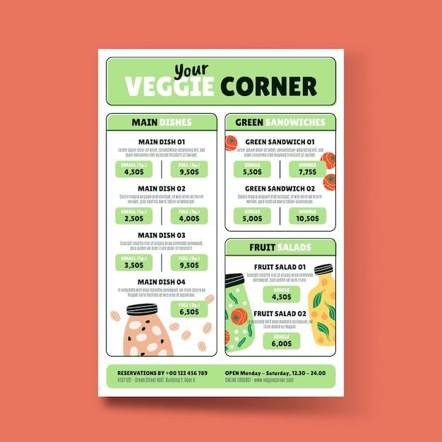 Vetor grátis menu de comida vegetariana de design plano desenhado à mão