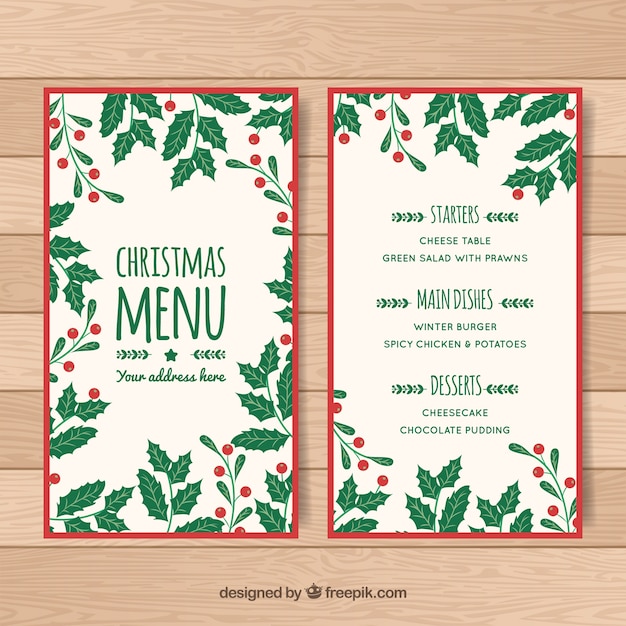 Menu de folhas de natal desenhadas à mão