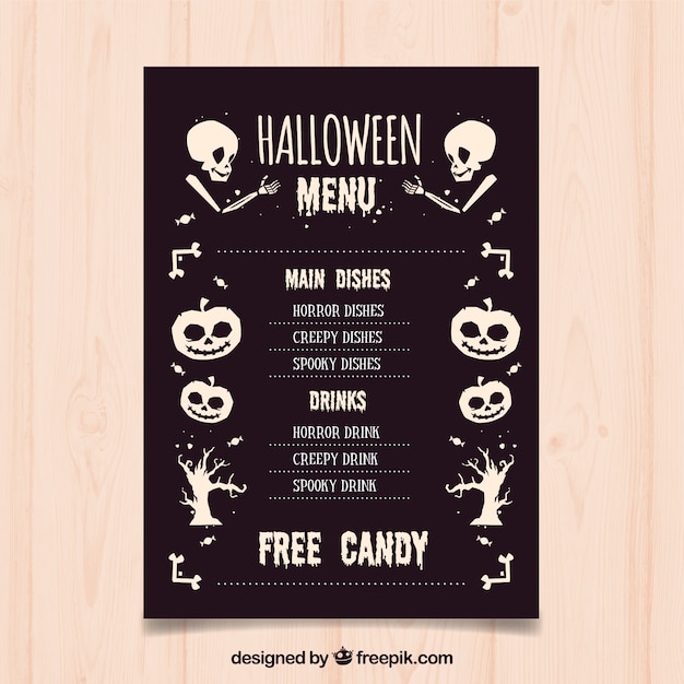 Vetor grátis menu de halloween com caveiras e abóboras