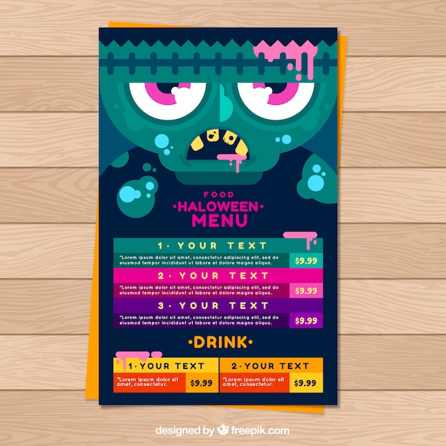 Vetor grátis menu de halloween com zumbi em design plano