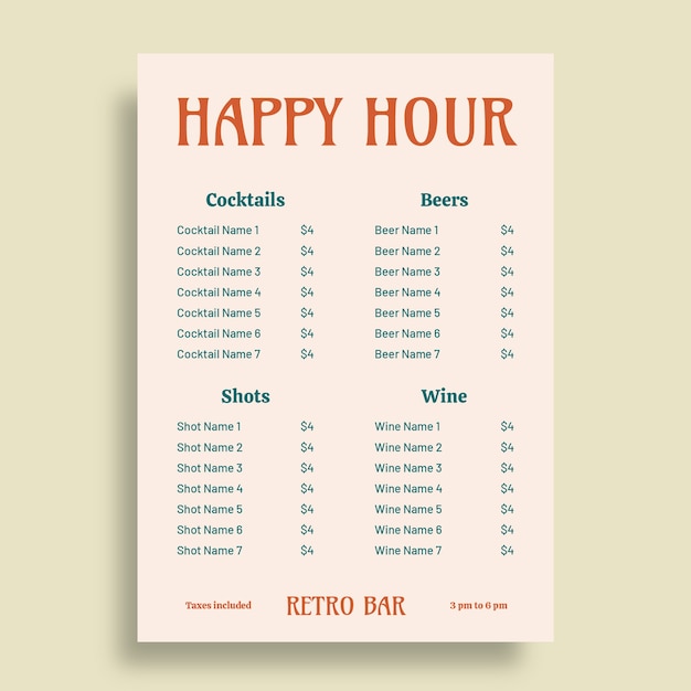 Vetor grátis menu de happy hour simples retrô