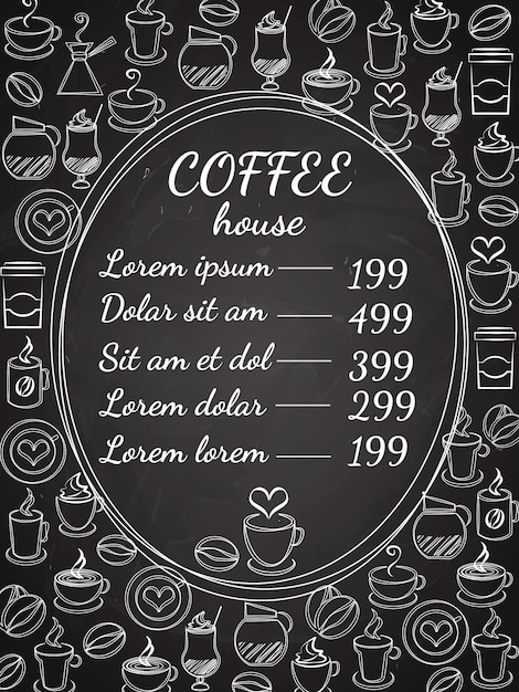 Menu de lousa da cafeteria com uma moldura oval central com a lista de preços cercada por uma variedade de ilustração vetorial de café branco no preto