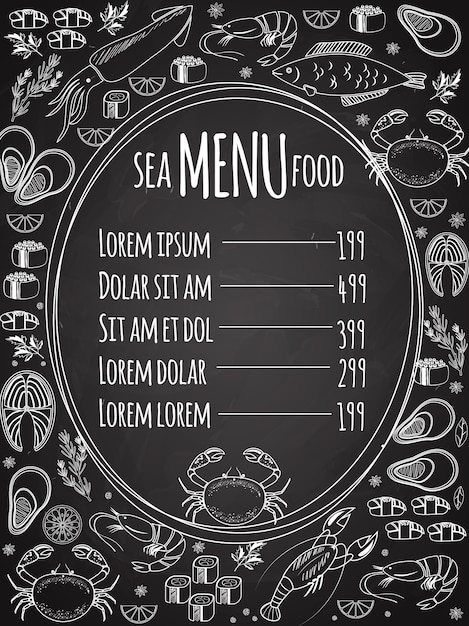 Menu de lousa de frutos do mar com moldura oval central e lista de preços cercada por desenhos de linhas vetoriais brancas de peixe lula lagosta caranguejo sushi camarão camarão mexilhão salmão filé e ervas