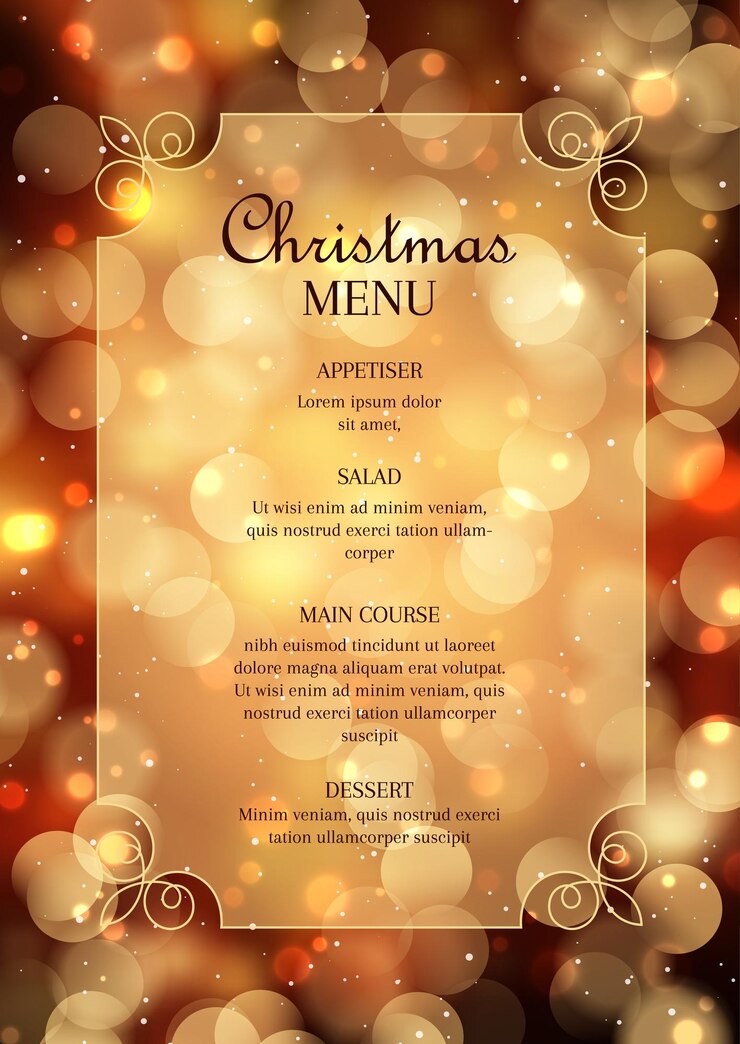 Vetor grátis menu de natal elegante com um design de luzes bokeh