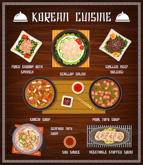 Menu de restaurante de comida coreana com pratos de frutos do mar e vegetais. camarão frito com espinafre, lula recheada e bulgogi de boi grelhado, salada de vieiras, molho de soja e tofu de porco, sopas de vetor de kimchi.