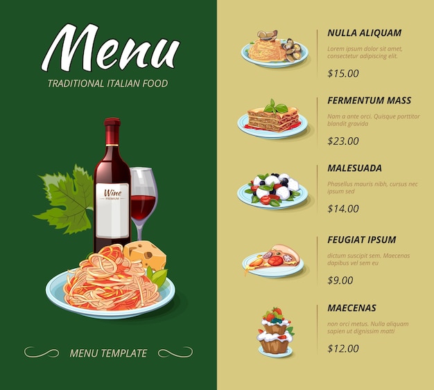 Menu de restaurante de cozinha italiana