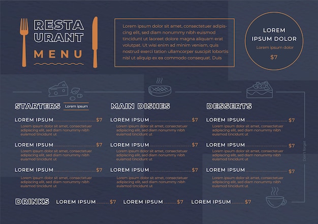 Vetor grátis menu de restaurante escuro para plataforma digital