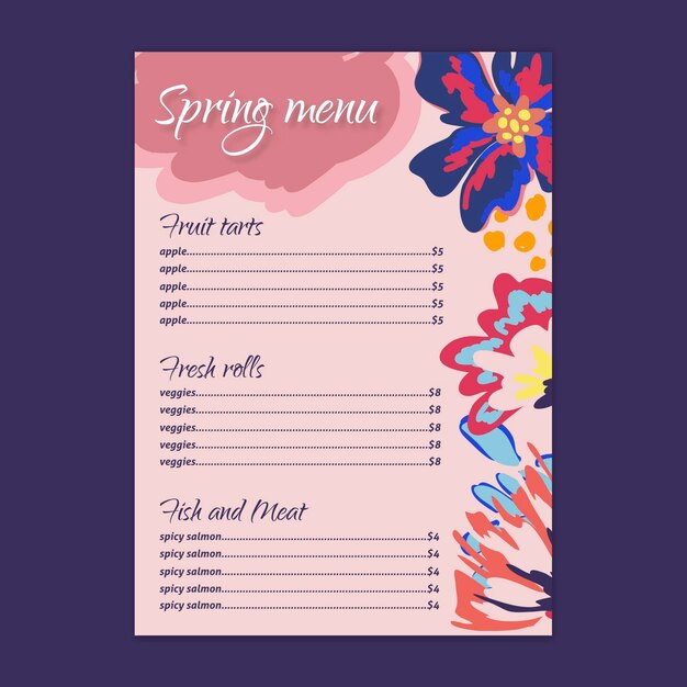 Vetor grátis menu de restaurante flat spring