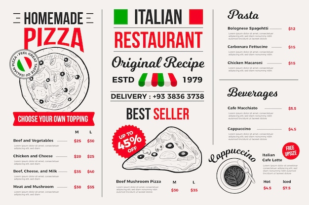 Vetor grátis menu de restaurante ilustrado para plataforma digital