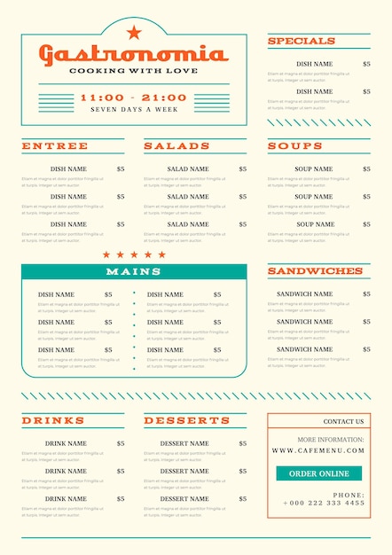 Vetor grátis menu de restaurante minimalista em formato vertical