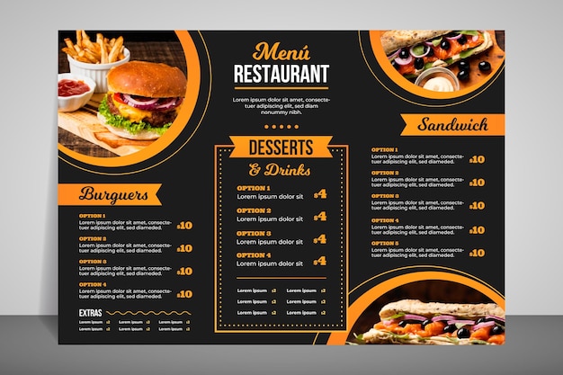 Menu de restaurante moderno para comida rápida