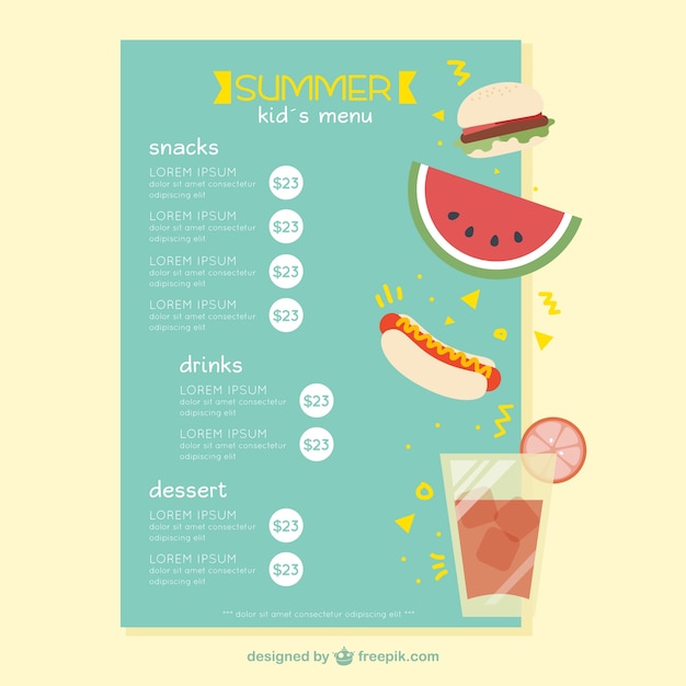 Menu de verão para crianças