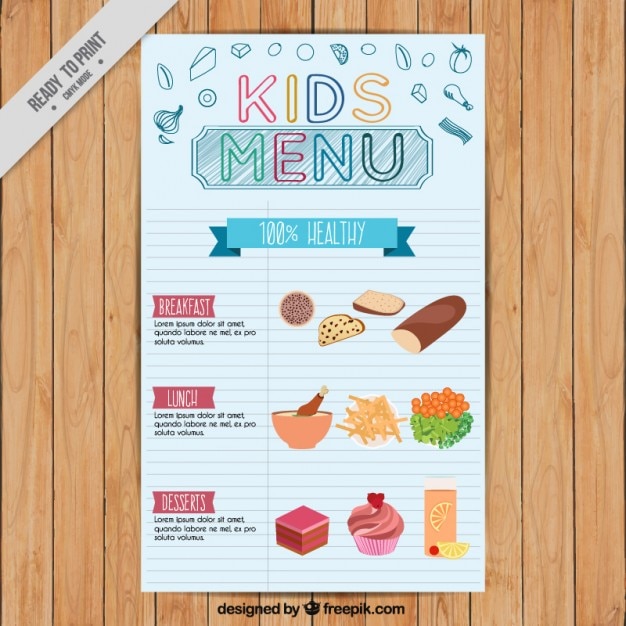 Menu para crianças com desenhos de alimentos