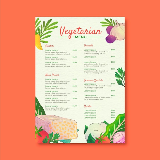 Menu vegetariano de aquarela