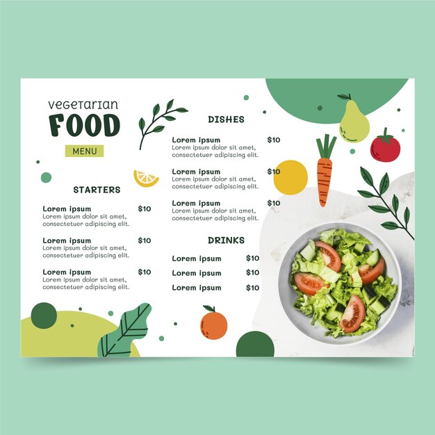 Menu vegetariano de design plano desenhado à mão