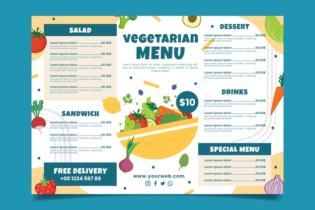 Menu vegetariano delicioso desenhado à mão