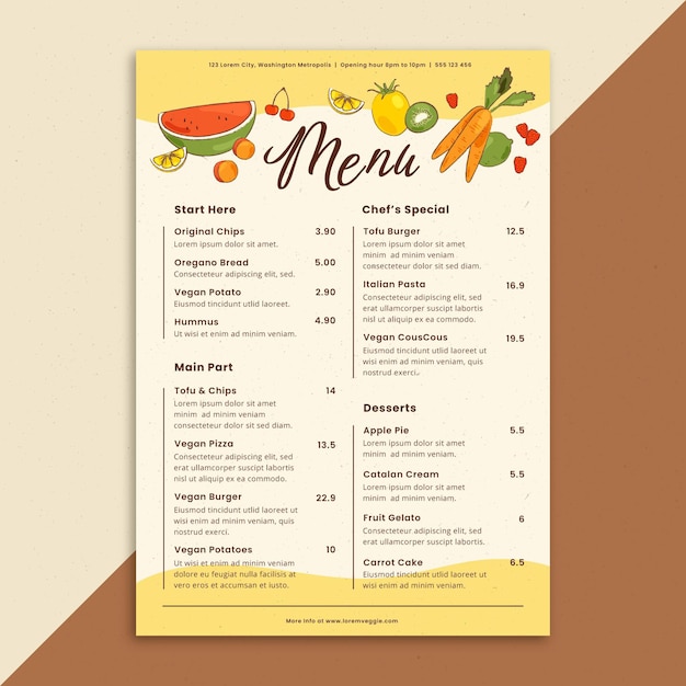 Menu vegetariano desenhado à mão