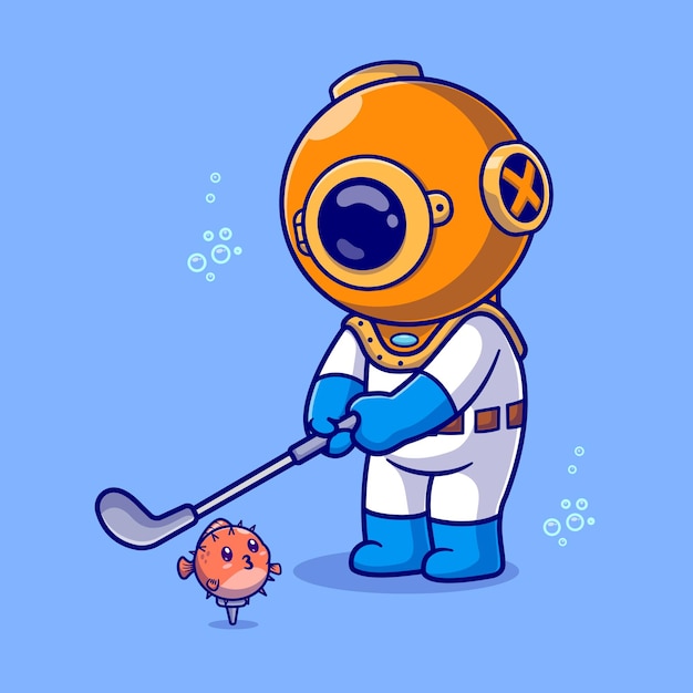 Mergulhador bonitinho jogando golfe com ilustração de ícone de vetor de desenhos animados de peixe baiacu. ciência esporte isolado