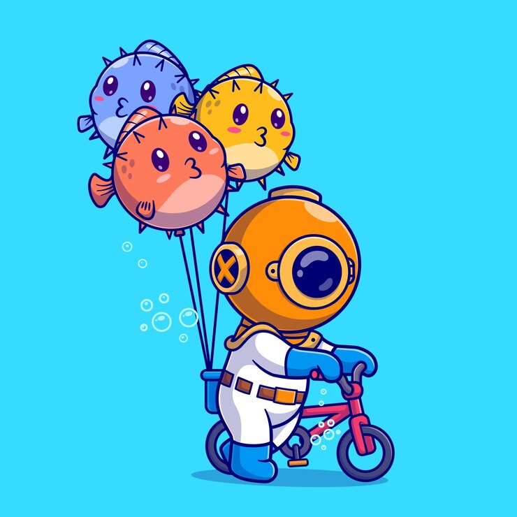 Vetor grátis mergulhador bonito andar de bicicleta com balão de peixe baiacu na ilustração de ícone de vetor de desenhos animados do oceano. ciência