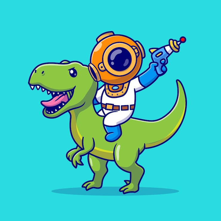 Vetor grátis mergulhador fofo com dinossauro e segurando arma espacial desenho animado vetor ícone ilustração ciência animal plano