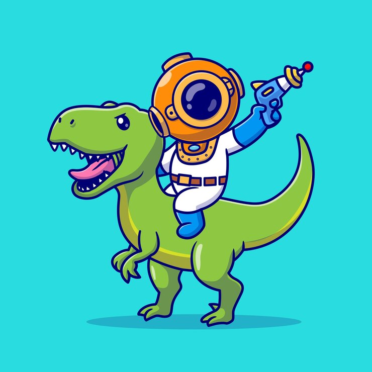 Vetor grátis mergulhador fofo com dinossauro e segurando arma espacial desenho animado vetor ícone ilustração ciência animal plano