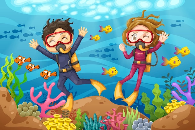 Mergulhador jovem e mulher com máscara a mergulhar no fundo do mar