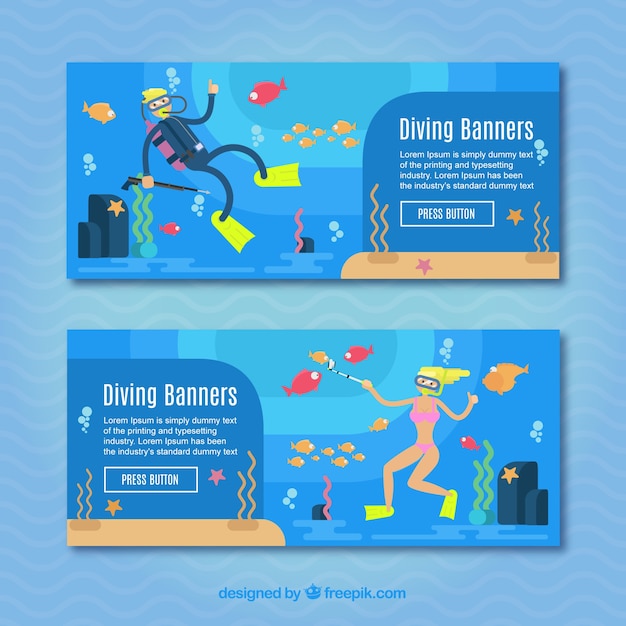 Vetor grátis mergulhadores bandeiras azuis com elementos